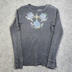 Vintage Y2K Sinful Shirt Womens Large Gray Blue Rose Anchor Wings Thermal